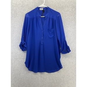 Bellatrix Women's Blouse Button Front Solid Royal Blue Small Roll Tab Sleeve